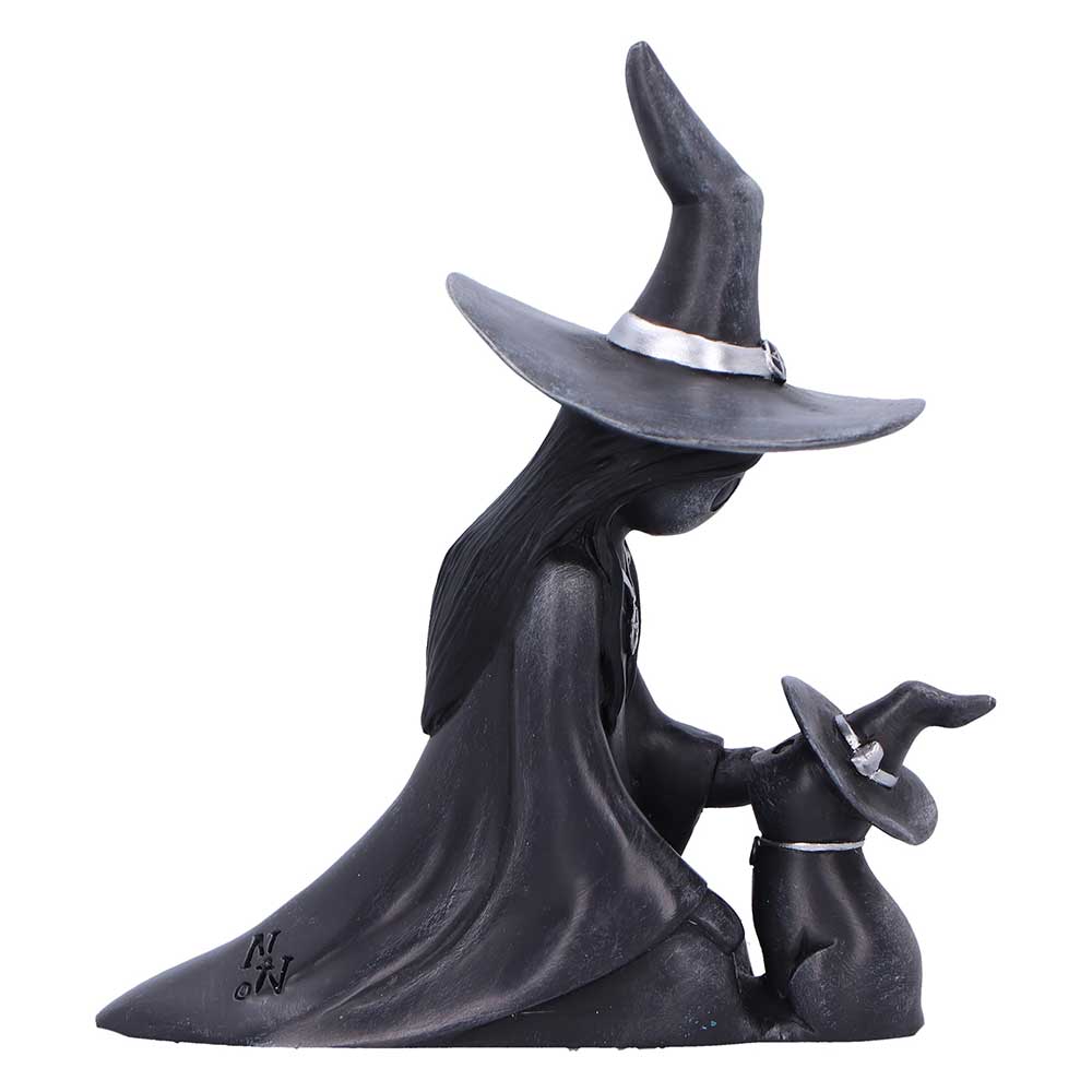 Gothic witch figurine side view with kneeling pose and cat
