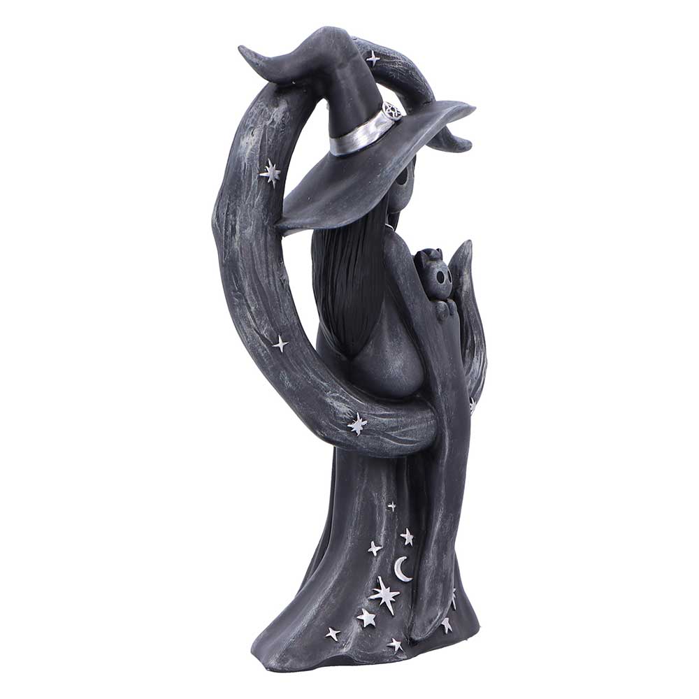 Statue of a witch seated with a black cat 