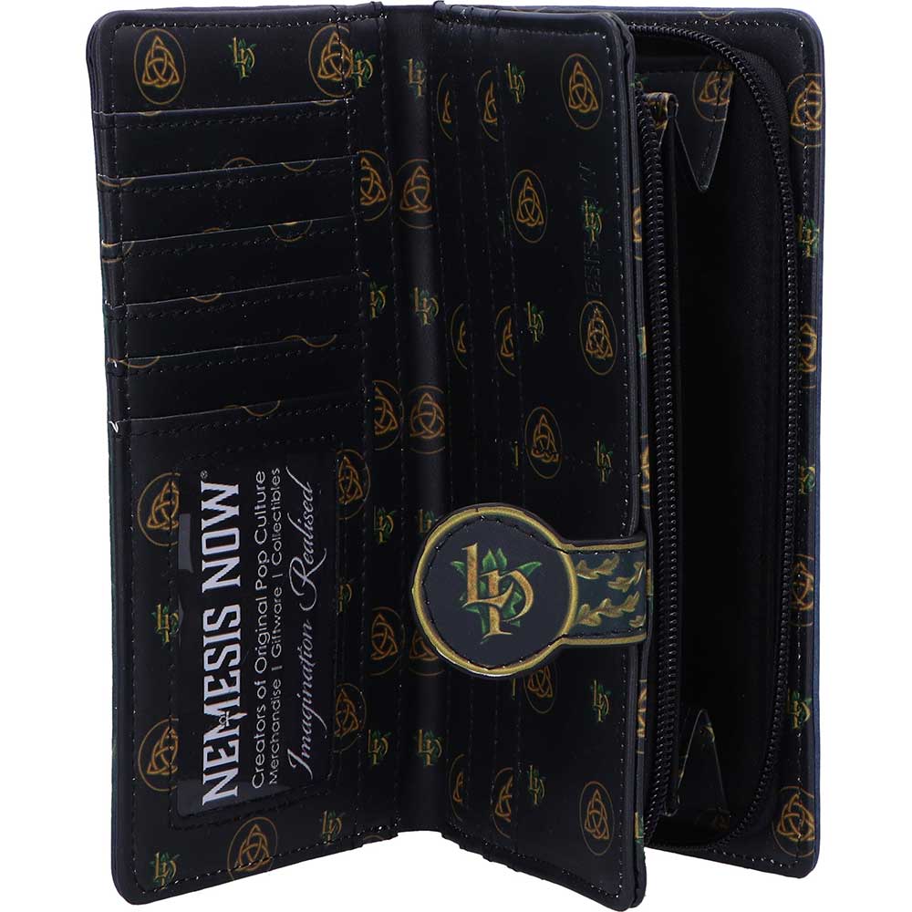 Black purse with gold patterns and brand logo