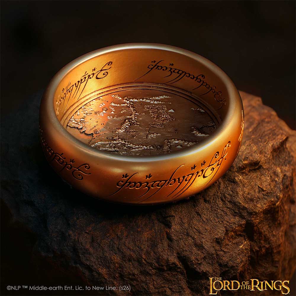 Gold ring Trinket Dish with Elvish script featuring 'The Lord of the Rings' branding on display