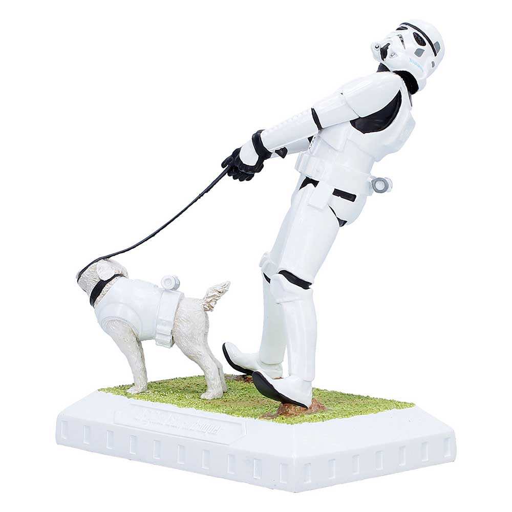 Stormtrooper character from Star Wars walking a dog on a grassy platform.