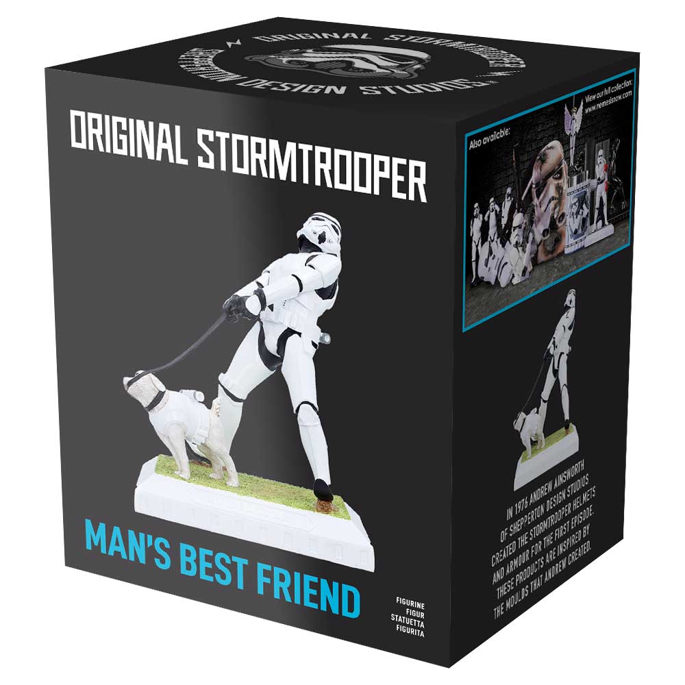 Box packaging for a figurine of a stormtrooper with a dog, labeled 'Original Stormtrooper: Man's Best Friend'.