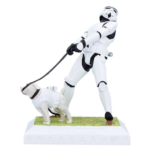 Stormtrooper figure with a dog on a leash