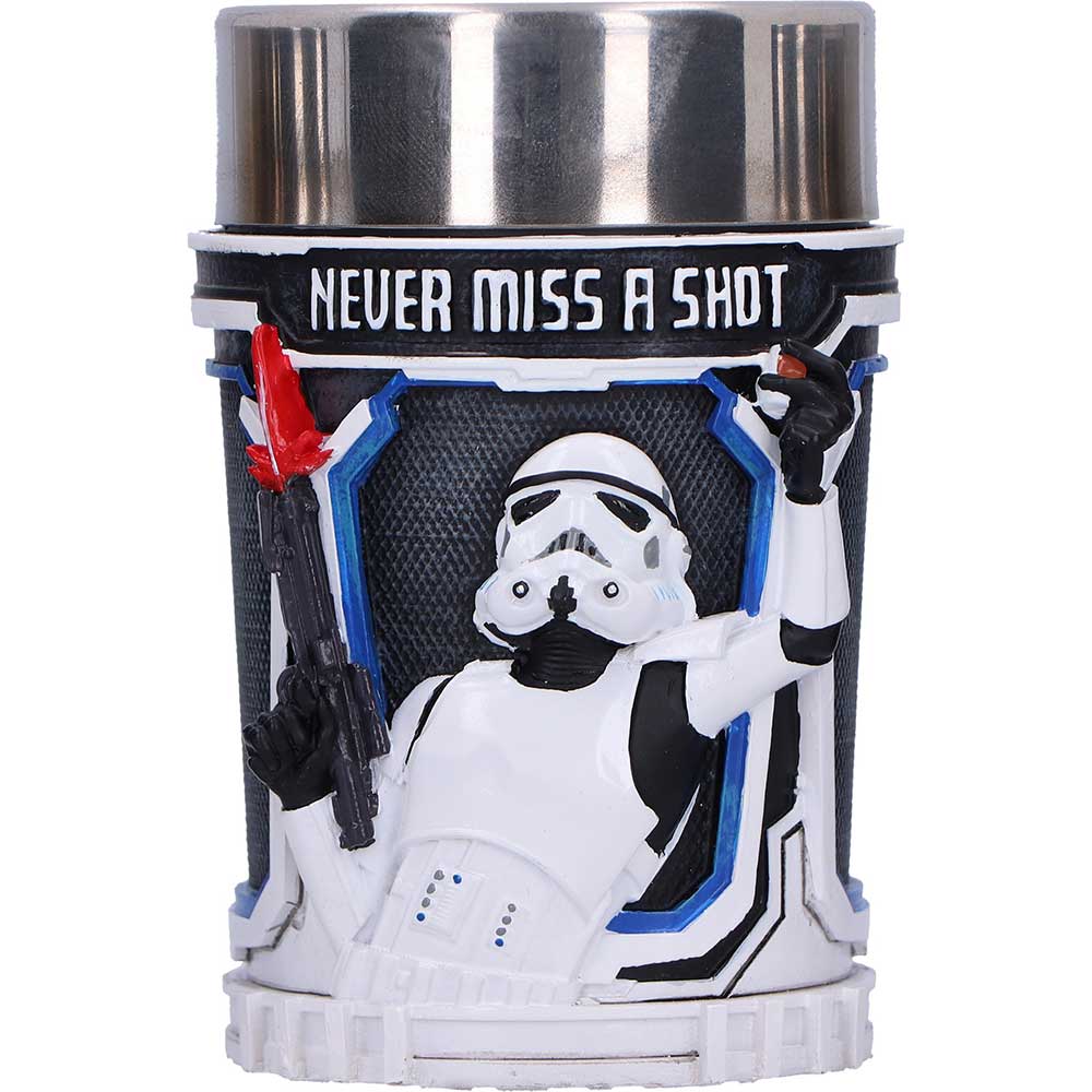 Star Wars-themed Shot Glass with stormtrooper design and 'Never Miss a Shot' text