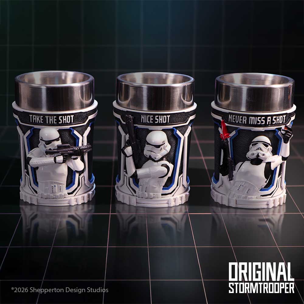 Three shot glasses with stormtrooper designs and humorous sayings
