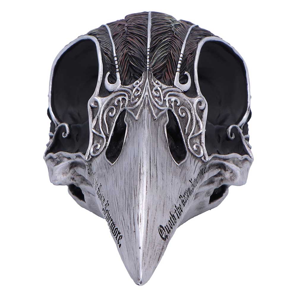 Raven skull ornament front view showing silver detailing