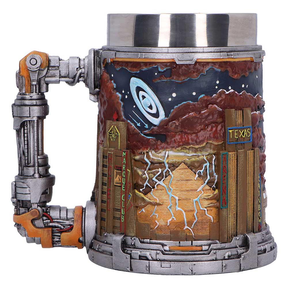 Decorative mug with mechanical design and scenic landscape