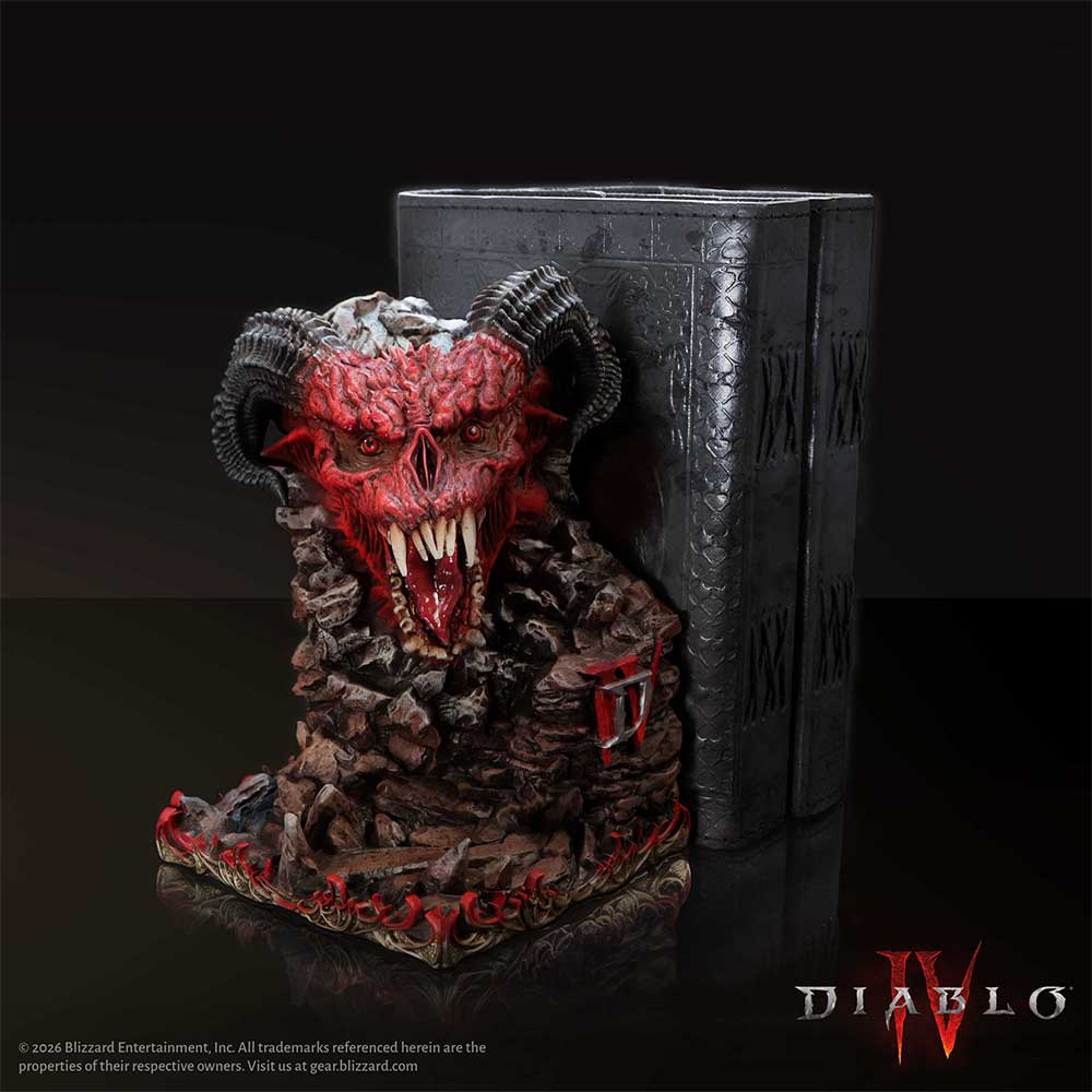 Official Diablo IV Minion of Hell Bookend on display