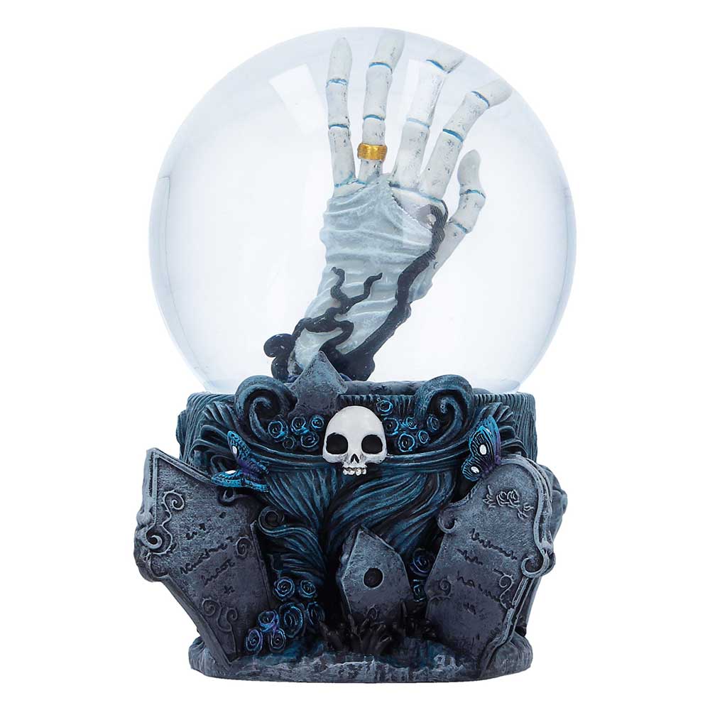 Corpse Bride snow globe with skeletal hand inside glass globe