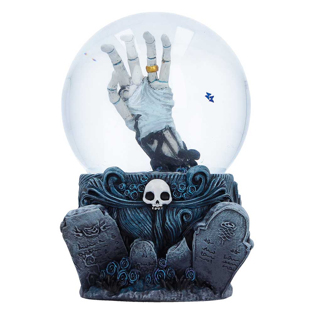 Corpse Bride snow globe featuring Emily’s skeletal hand and wedding ring