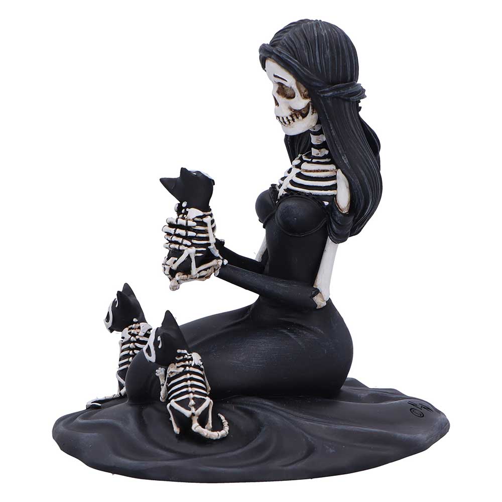 Side view of hand-painted Eternal Affection skeletal cat collectible figurine