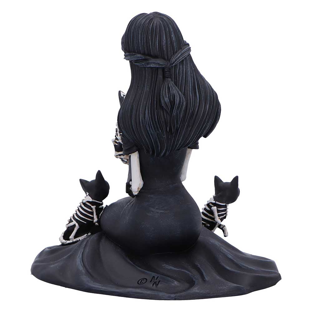 Rear view of the Eternal Affection Skeletal Cat Figurine showing the flowing gown, detailed skeletal textures, playful skeletal cats, and premium hand-painted resin craftsmanship.