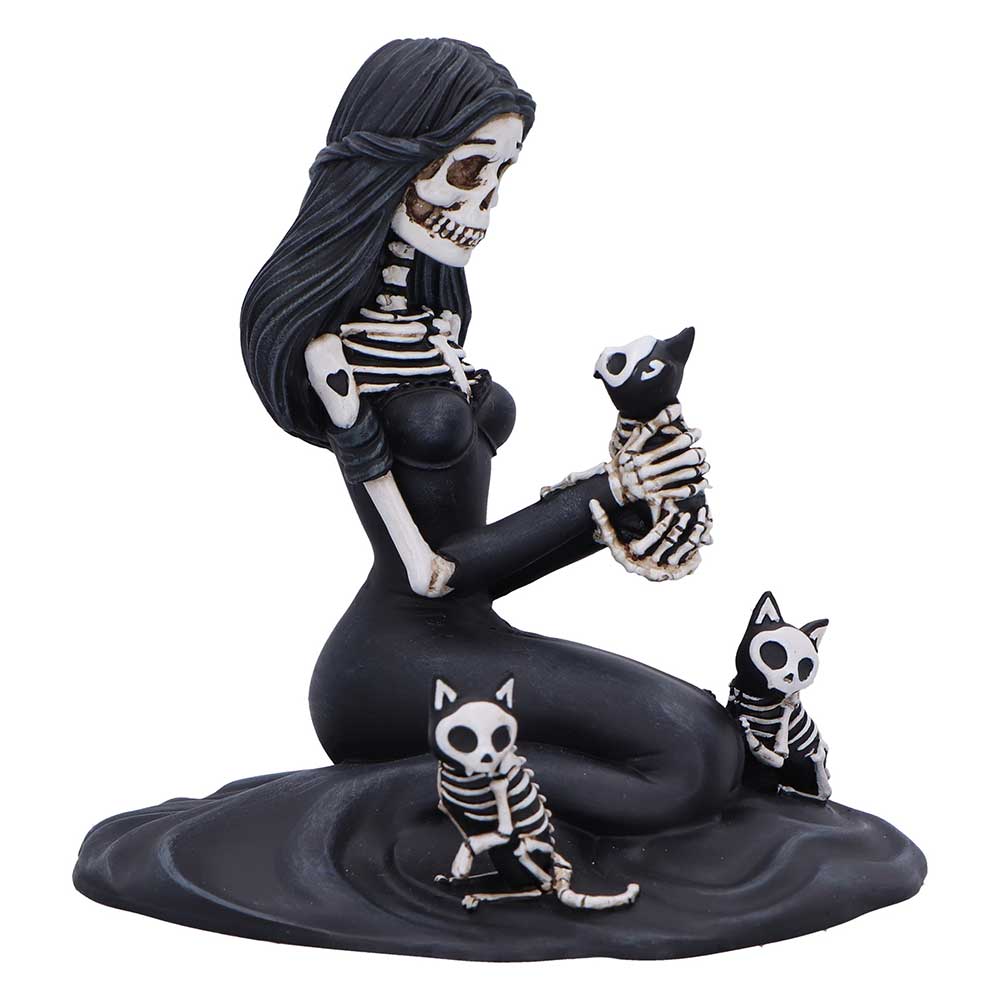 Skeleton woman with black hair holding a small skeleton cat