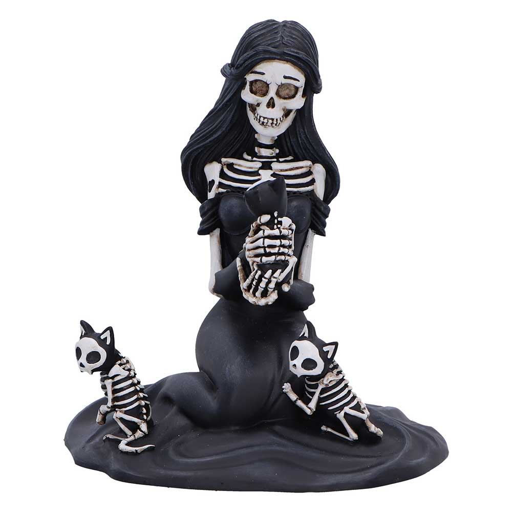 Eternal Affection Skeletal Cat Figurine 12.5cm featuring a kneeling female skeleton in a flowing black gown playing with three skeletal cats in a premium hand-painted resin finish.