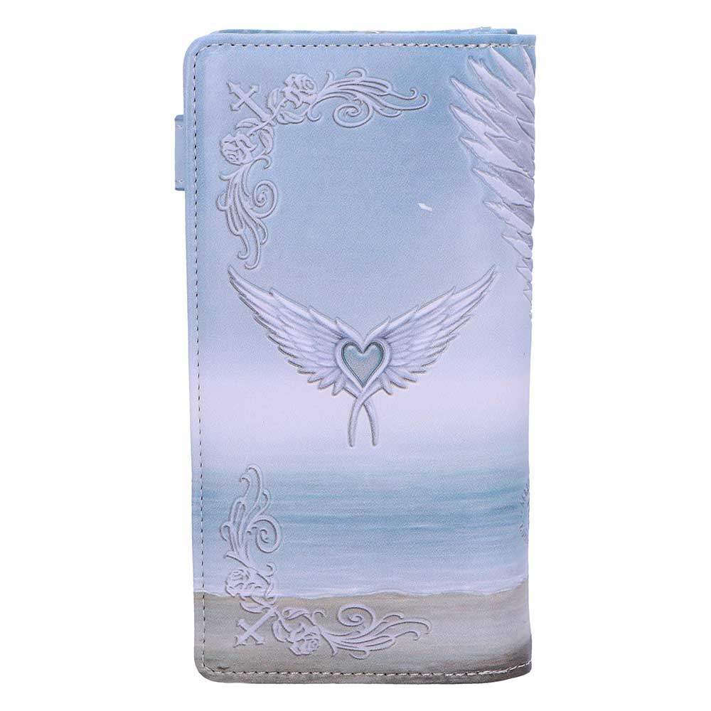 Purse with angel wings and heart design on a light blue background