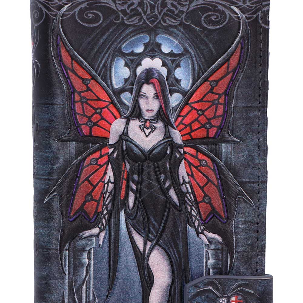 Gothic-style illustration of a fairy with red and black wings against a dark background.