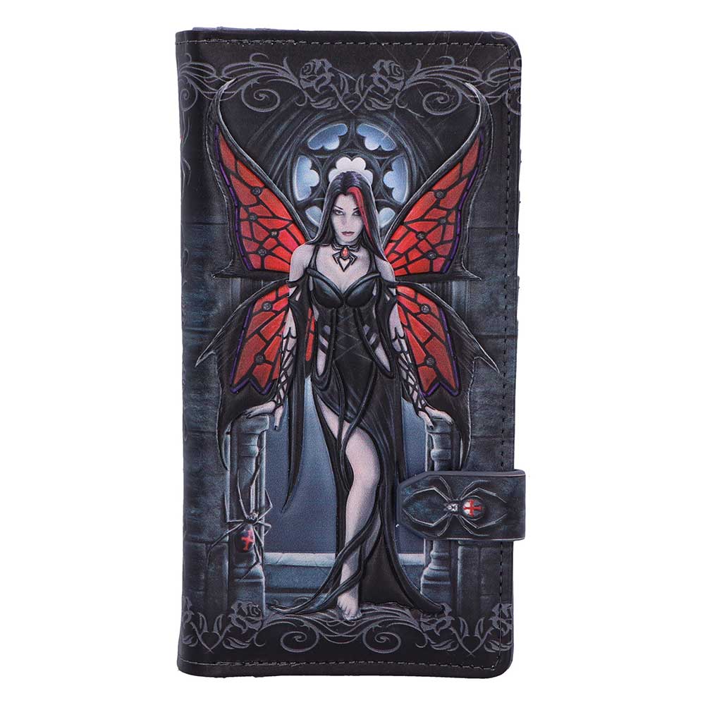 Purse with a fairy design featuring red wings on a black background