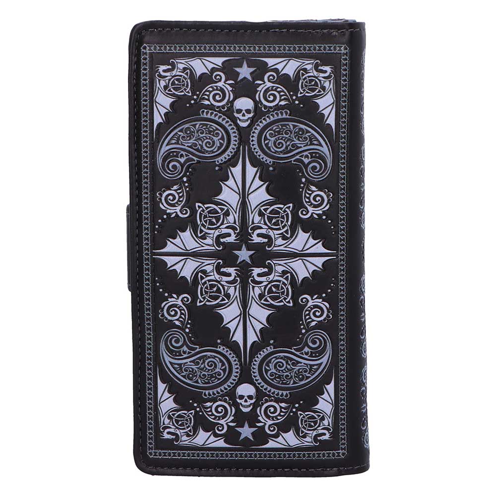 Black purse with white paisley and skull design