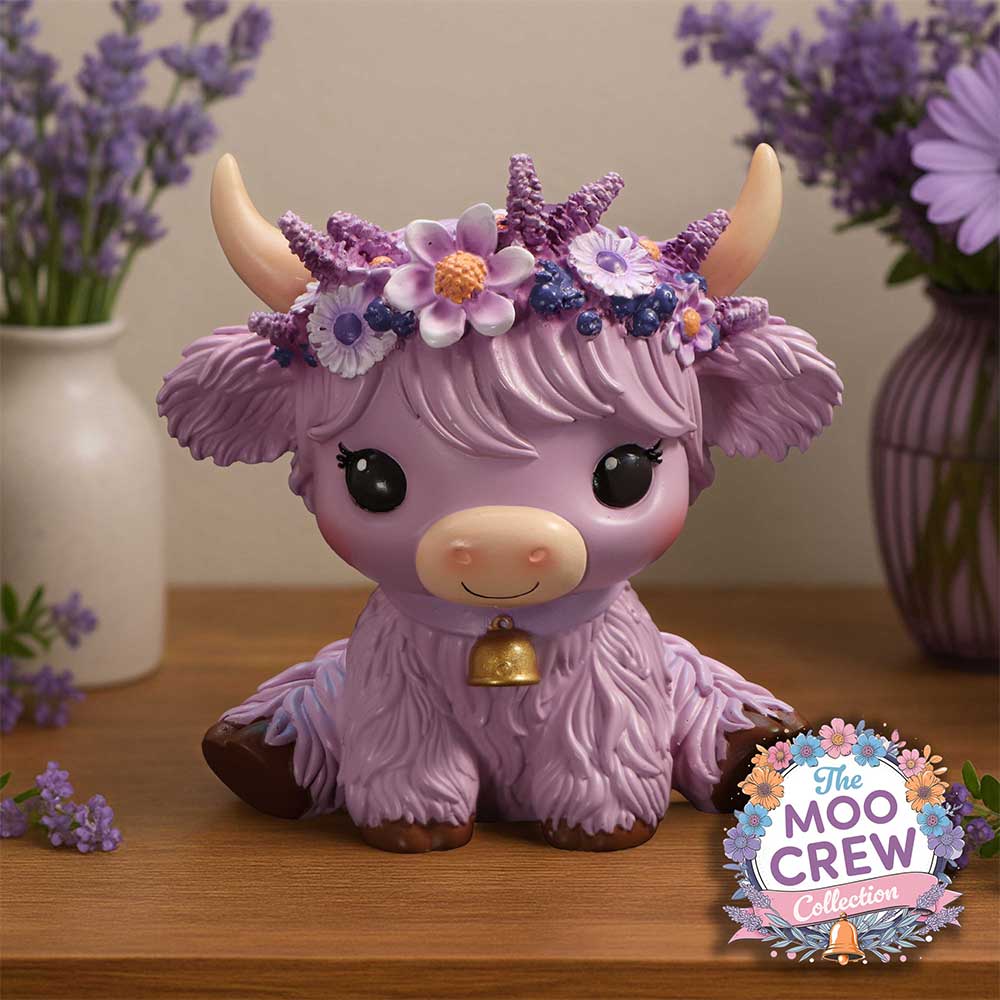 Purple cow figurine with floral crown  and bell with 'The Moo Crew' collection logo.