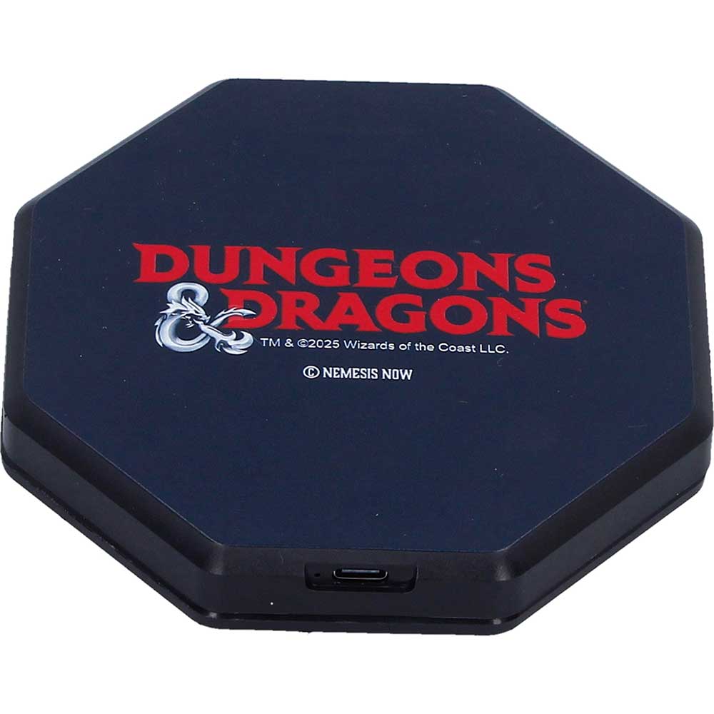 Black octagonal device with Dungeons & Dragons logo