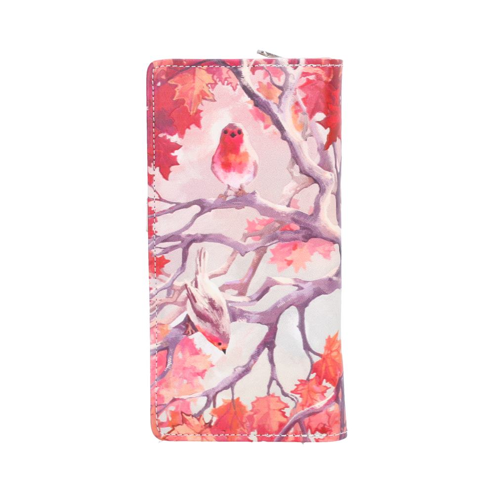 Rear view of When Robins Appear robin purse featuring two robin bird perched on branches with red and pink autumn leaves.