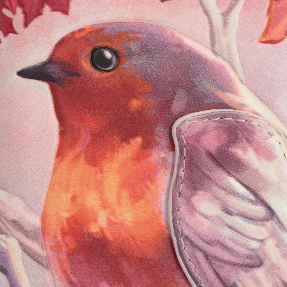 Detailed close-up robin portrait on When Robins Appear purse with Embossed robin wing detail on Nemesis Now purse