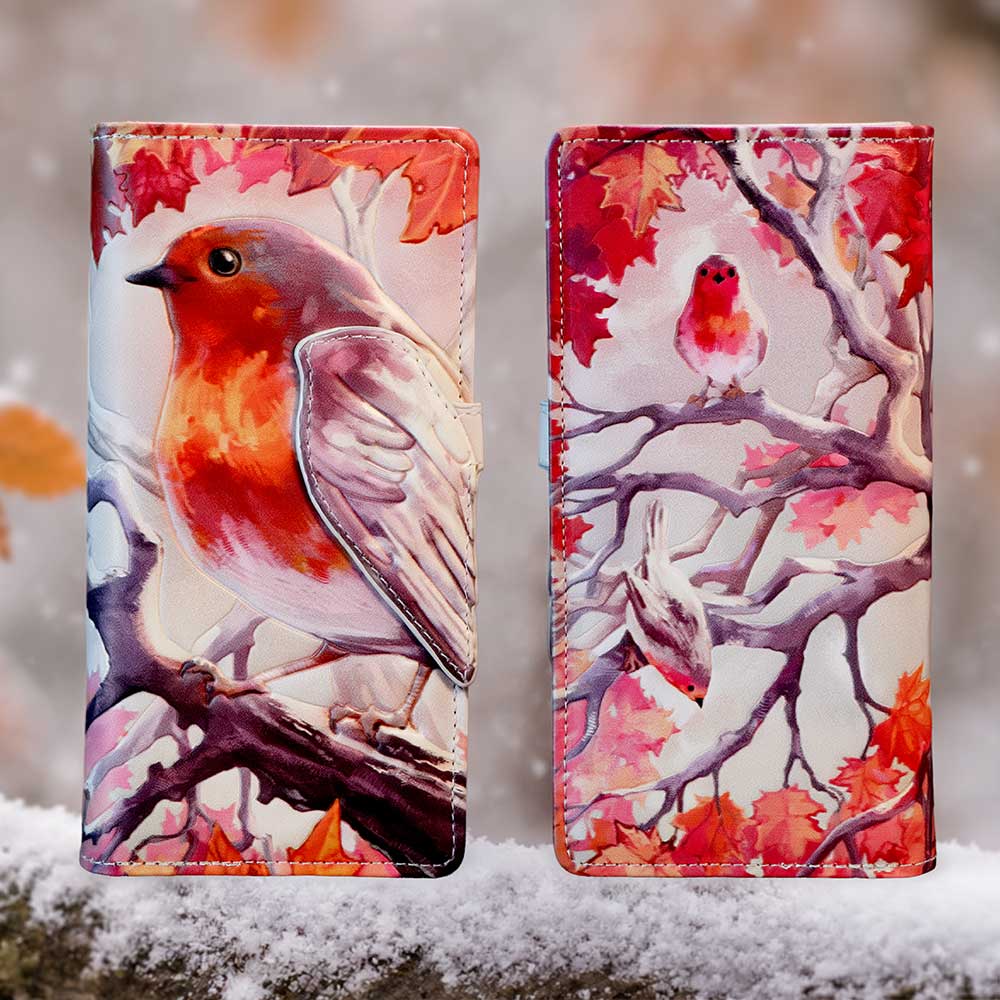When Robins Appear robin purse with embossed bird portrait with detailed robin artwork in vivid orange and red tones