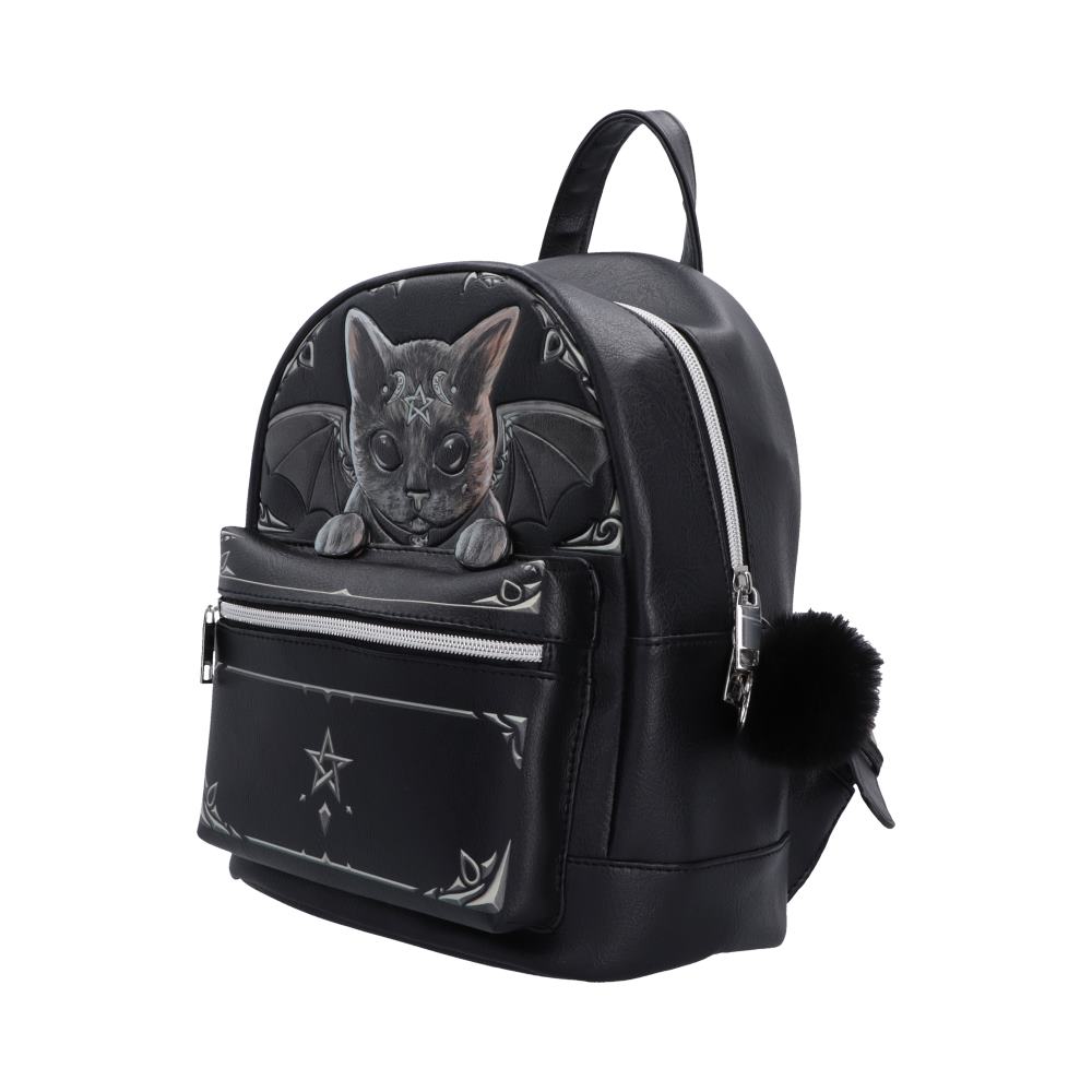 Side view of Malpuss 33.2cm gothic black faux-leather backpack featuring a gothic cat-and-bat design, silver zippers, a front pocket with a star motif, and a black pom-pom charm.