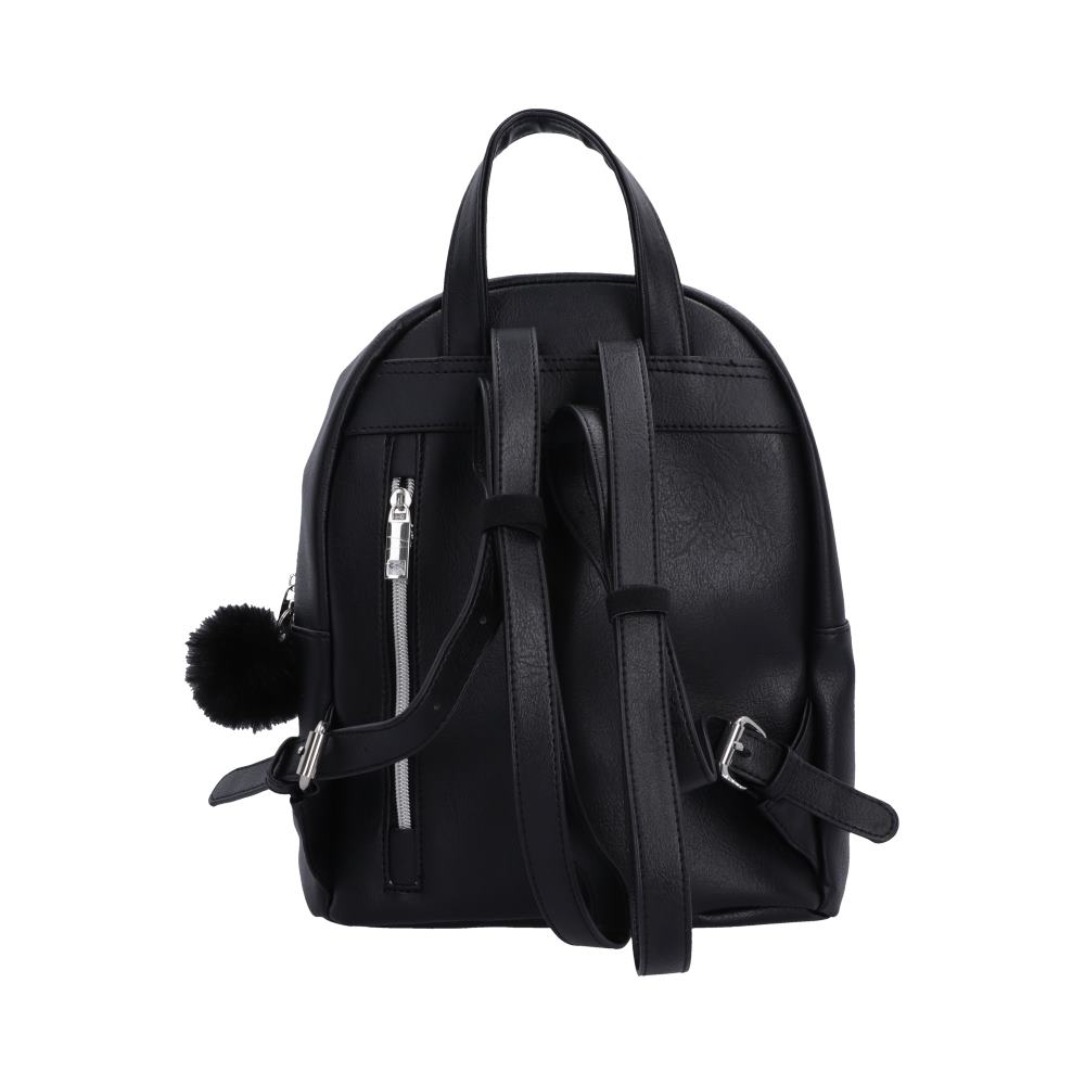 Rear view of Malpuss Nemesis Now Cult Cuties black faux-leather mini backpack with dual top handles, adjustable shoulder straps, a front zippered pocket, and a black pom-pom charm.