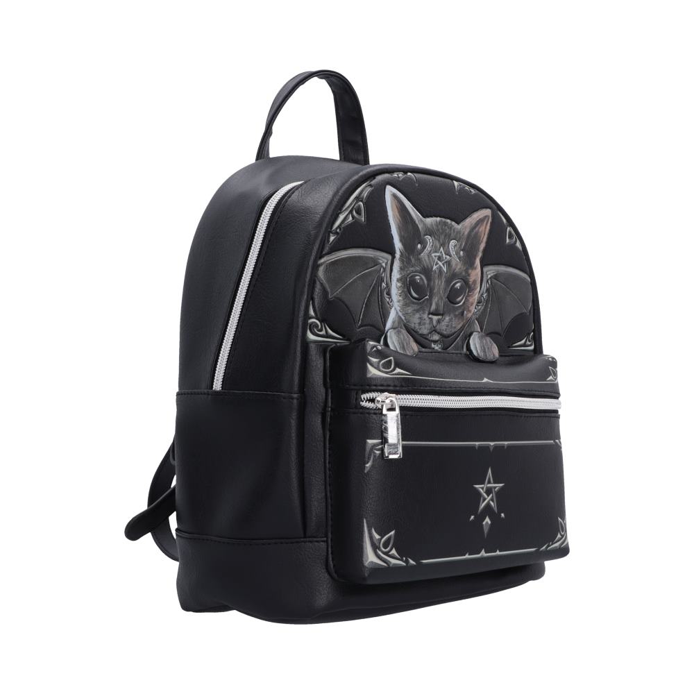 Malpuss Cult Cuties gothic backpack with detailed character artwork featuring a printed bat-and-cat graphic on the front pocket, silver zippers, and a pentagram symbol on the lower front.