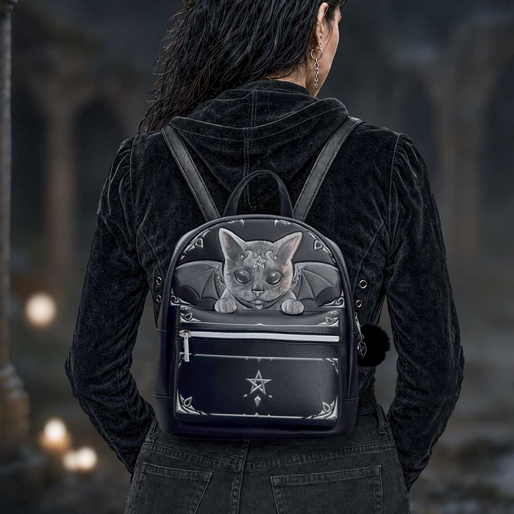 Malpuss 33.2cm Nemesis Now Cult Cuties gothic backpack with character artwork, pentagram accents, zipped compartments and adjustable straps for alternative fashion lovers displayed from the front