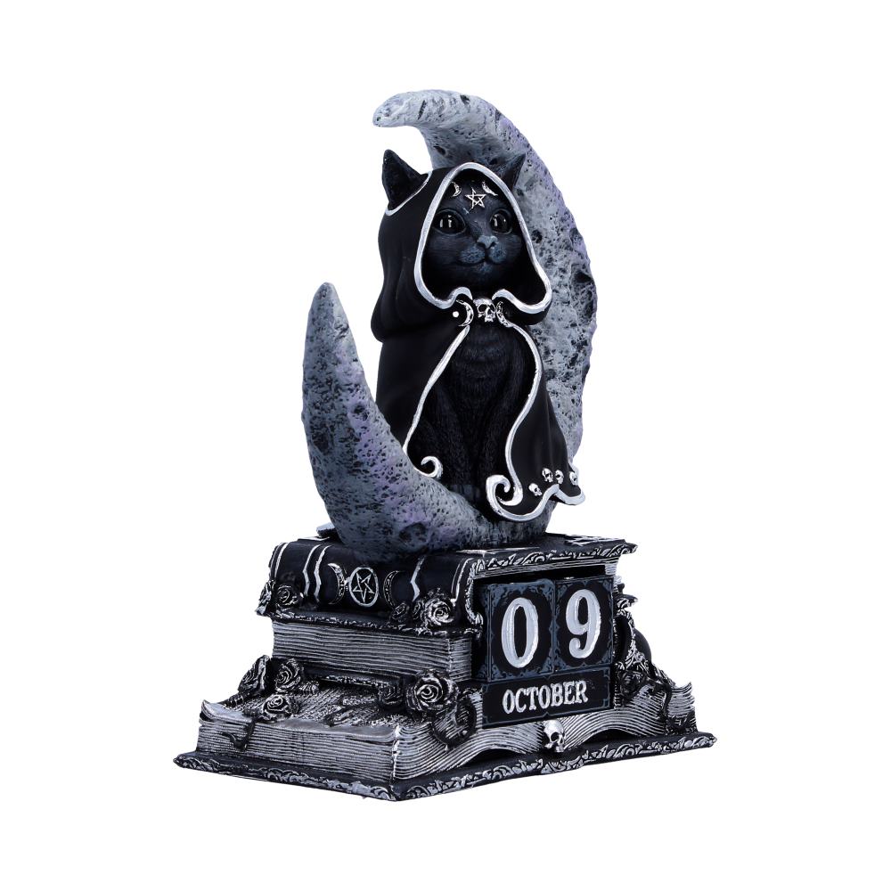 Perpetual Calendar with a black cat on a moon, sitting on a pedestal with '09 October' text.