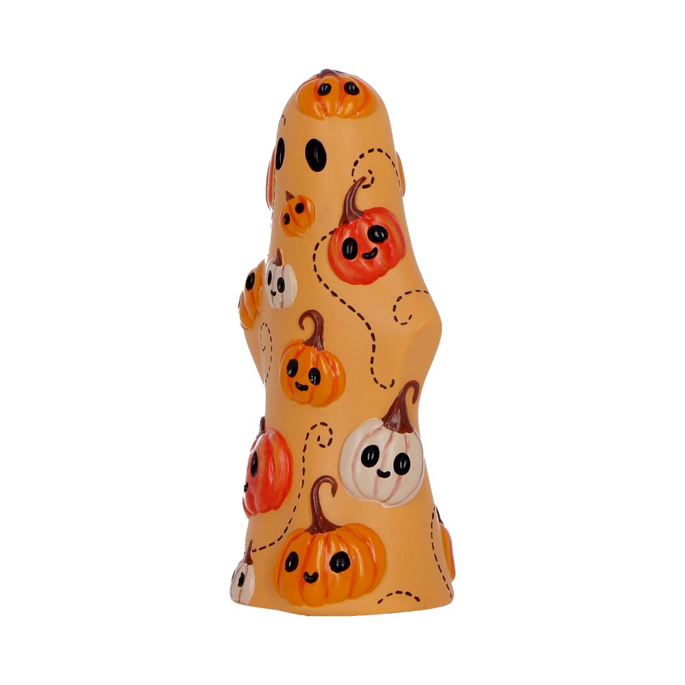 Side view of Boo-Who? Herbert 13.5cm showing the pumpkin-covered ghost design and flowing dotted details.