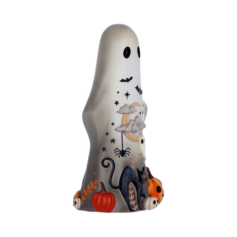 Smooth hand-painted details on Mortimer ghost figurine with Halloween elements