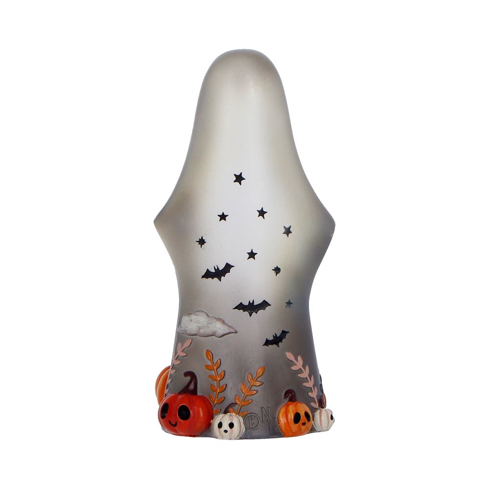 Rear view of Mortimer Nemesis Now Boo-Who? ghost figure with Halloween-themed design