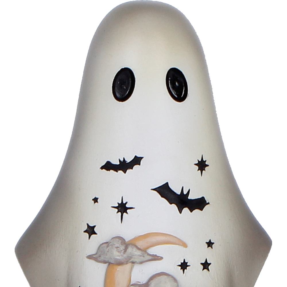 Close-up of Mortimer Boo-Who? ghost character decorative item with black bats and stars