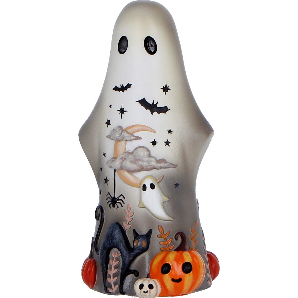 High-quality resin Boo-Who? Mortimer ornament cute ghost figurine with black cat, pumpkins and crescent moon