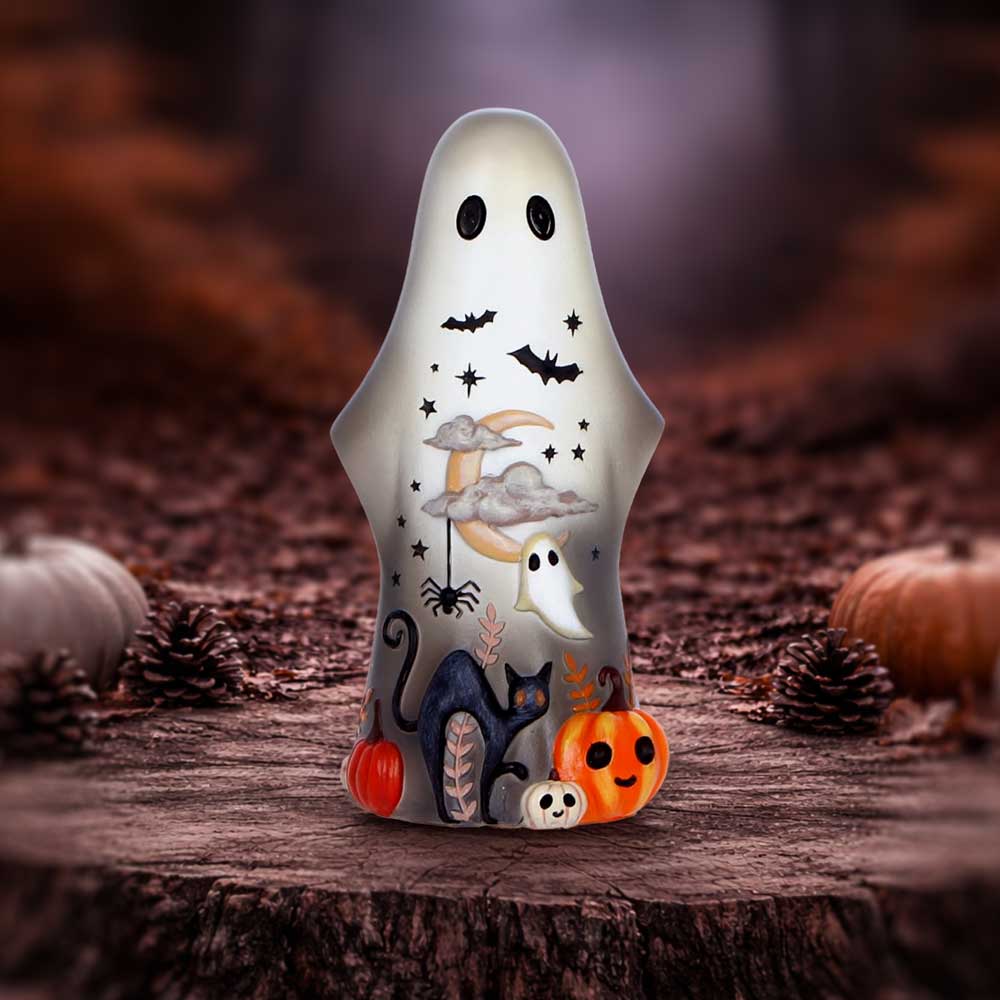 Decorative Mortimer ghost figure with Halloween-themed design on display