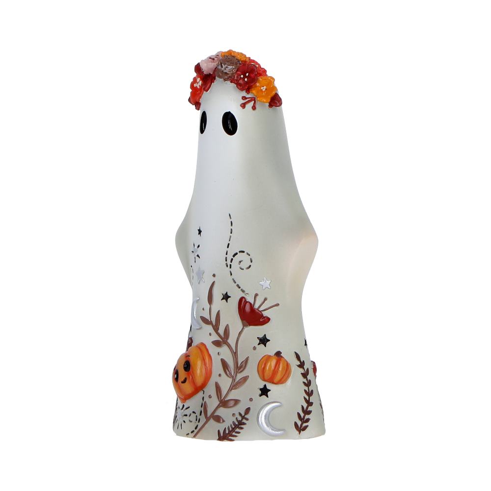 Side view of Boo-Who? Florence  decorative 14cm ghost figurine with floral crown and autumn-themed design