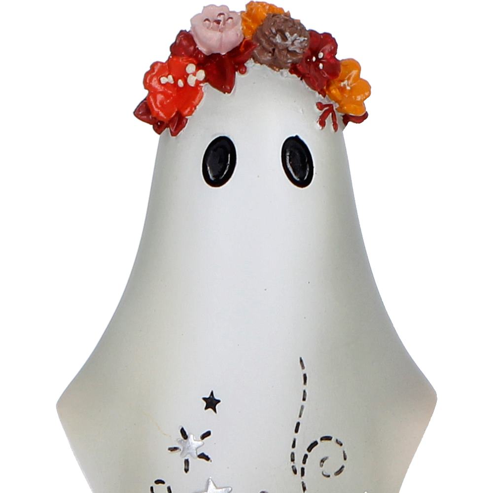 Close-up of Florence ghost resin figurine with vibrant floral crown