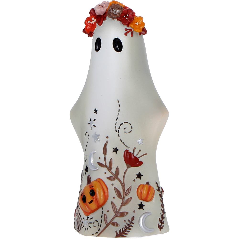 Florence cute ghost figurine with floral crown and pumpkin details