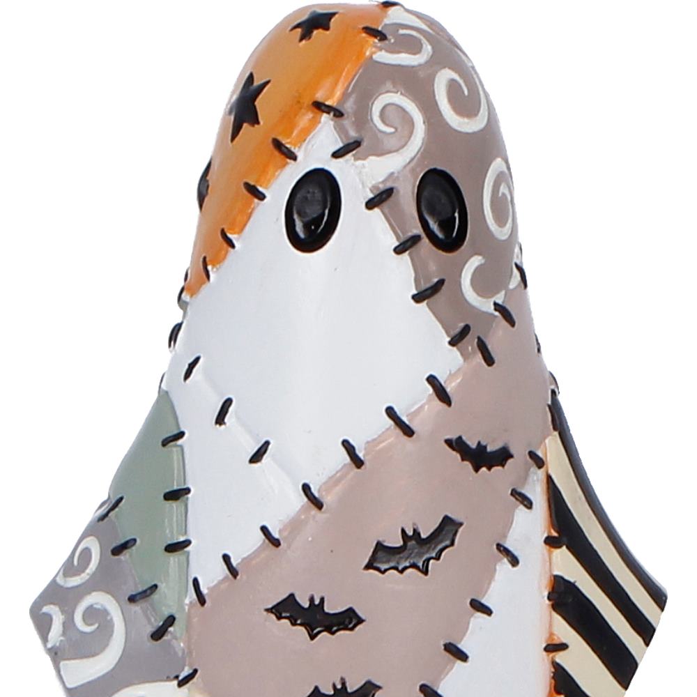 Boo-Who? Patch ghost figurine front view with colourful Halloween patchwork patterns