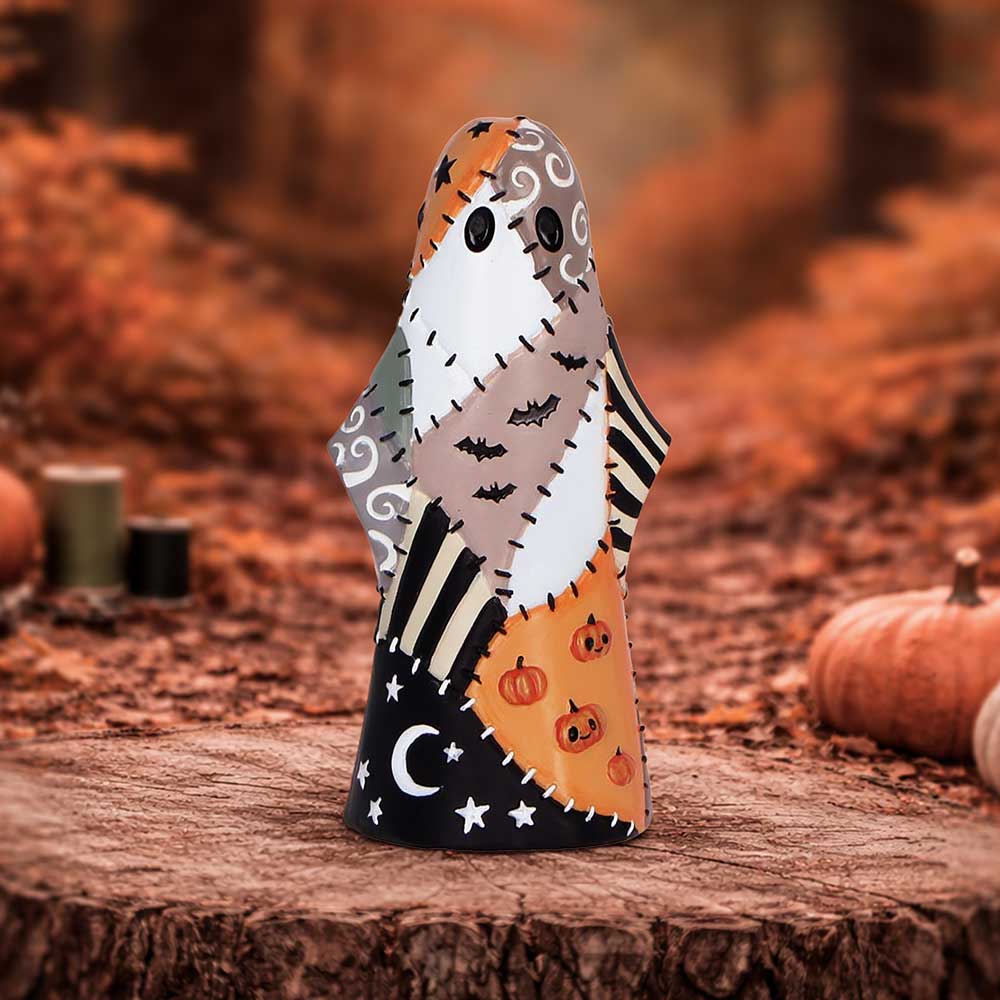 Boo-Who? Patch colourful Halloween ghost figurine displayed as seasonal décor on display