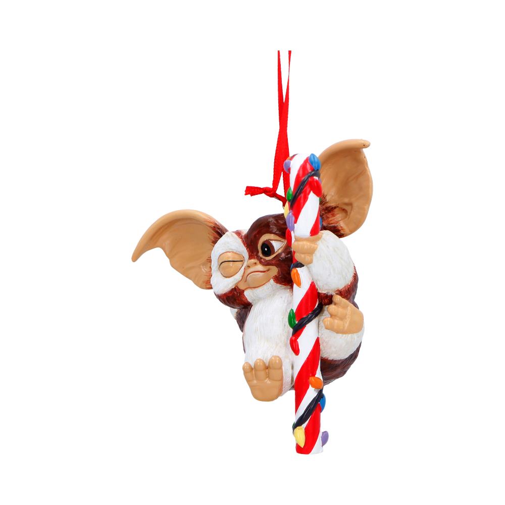 Side view of hand-painted Gizmo from Gremlins holding a candy cane with Christmas lights Christmas decoration