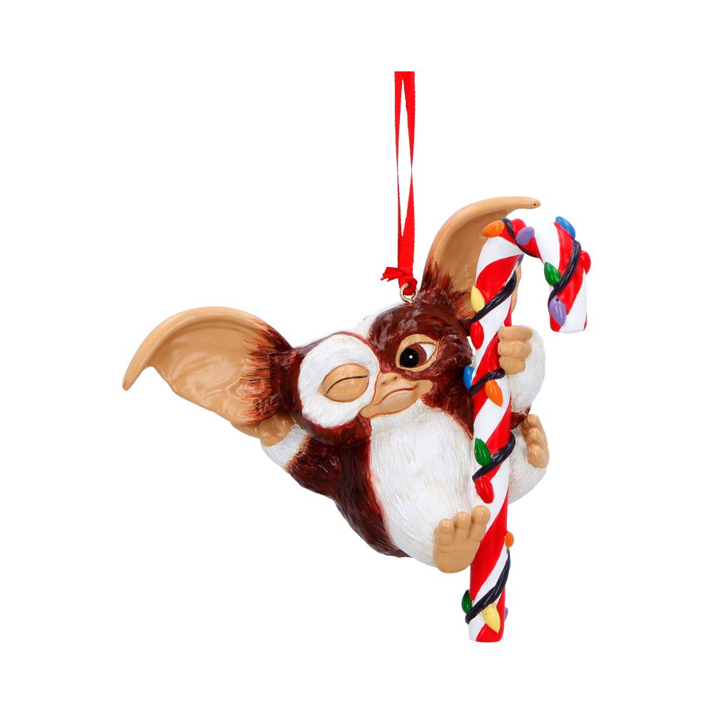 Official Gremlins Gizmo Festive Candy Cane Hanging Ornament 10.5cm featuring Gizmo clinging to a candy cane wrapped in colourful Christmas fairy lights with a premium hand-painted resin finish.