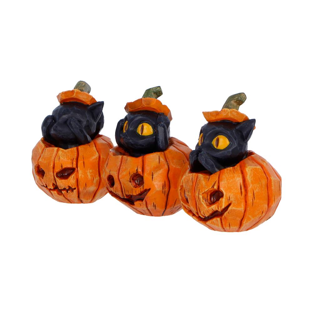 Side view of Three Wise Pumpkin Patch black cat and pumpkin figurines