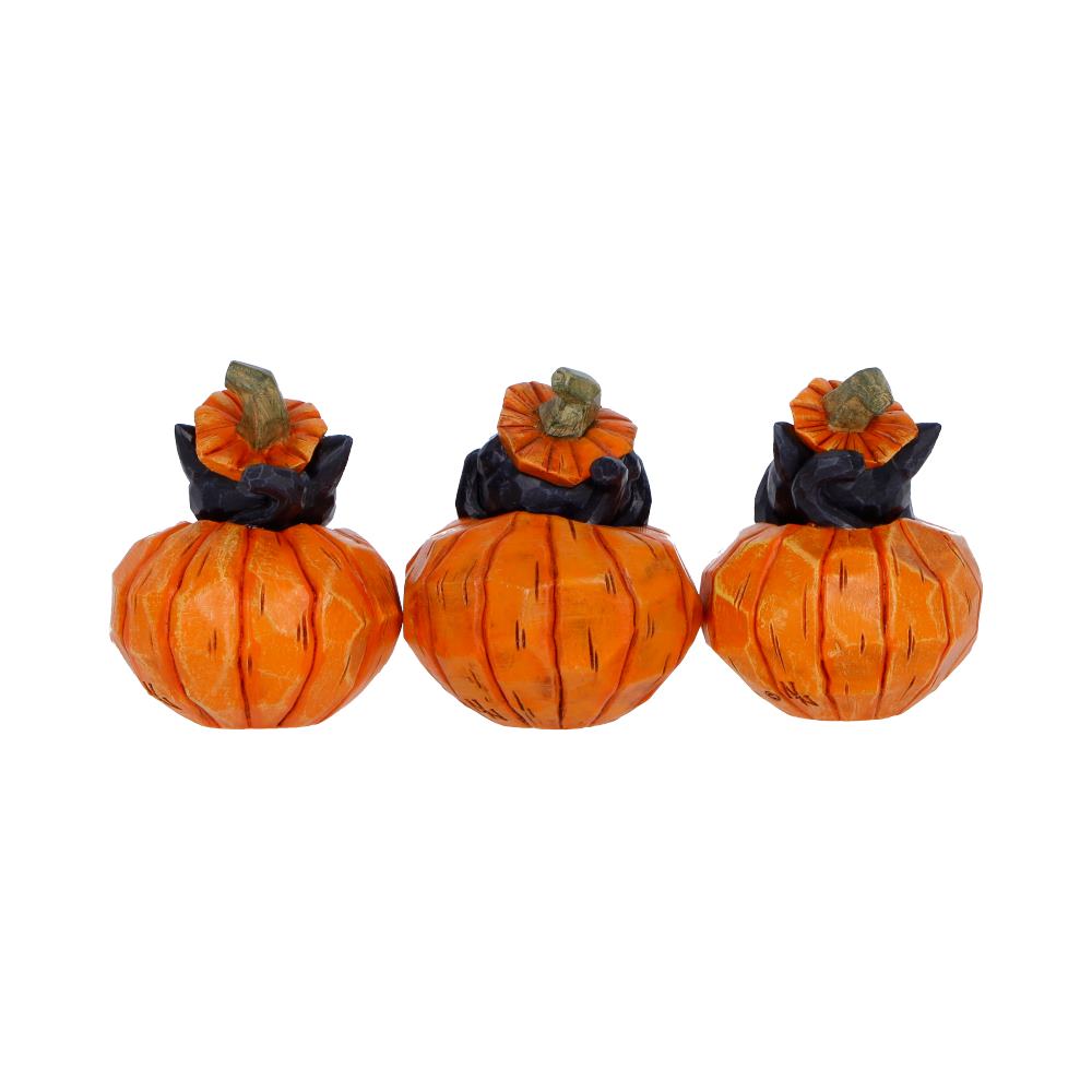 Rear view of Three Wise Pumpkin Patch Halloween cat figurine set