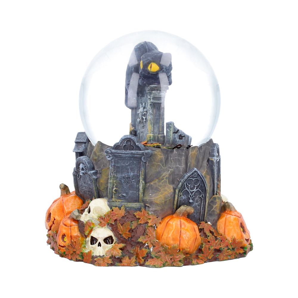 Side view of Pumpkin Patch 15.4cm Halloween cat snow globe
