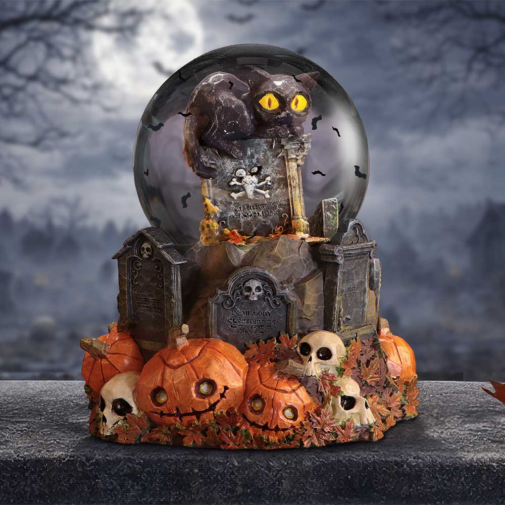 Pumpkin Patch 15.4cm Halloween-themed snow globe with a cat, tombstones, pumpkins, and skulls Pumpkin Patch 15.4cm snow globe displayed with gothic Halloween decorations
