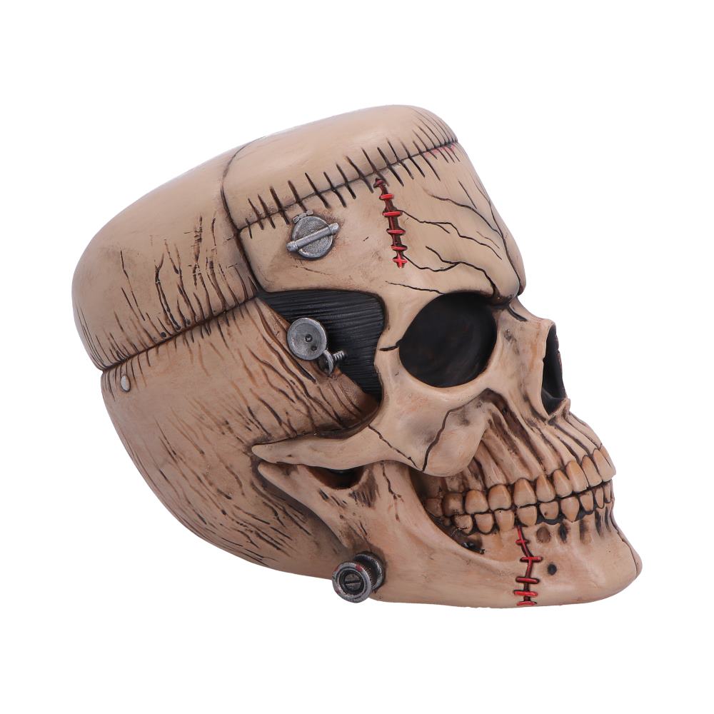 Side view of Monster of hand-painted Frankenstein Madness skull figurine